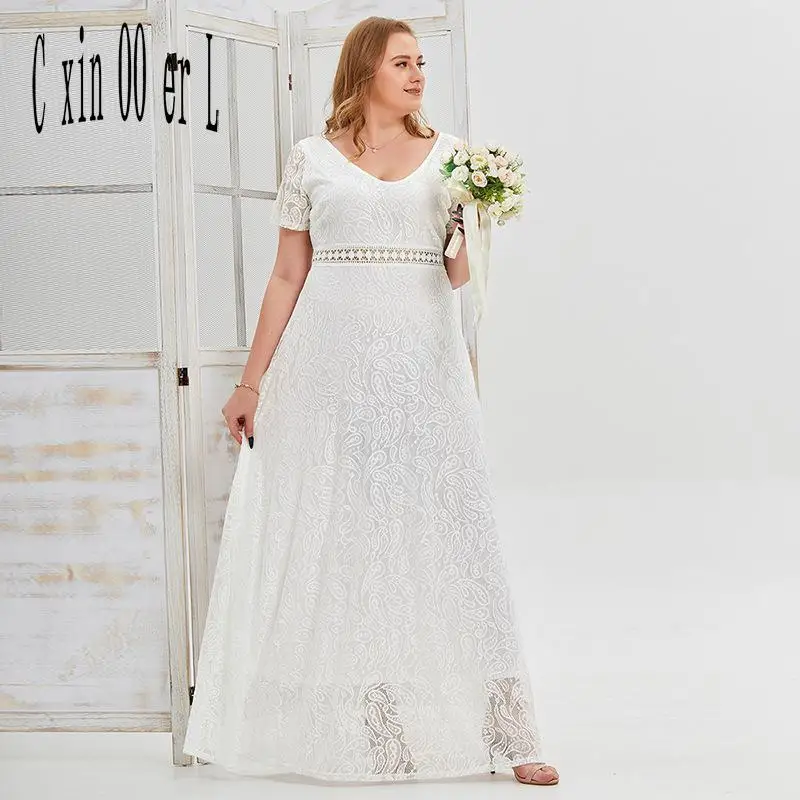 

Plus Size Xl-4xl Fashion White Summer Spring New Lace Dress Light Wedding Sweet American Dresses Women Dress Mother Clothes Slim