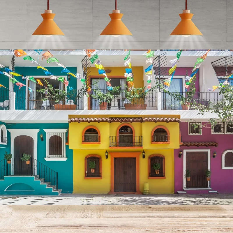 Фон для фотосъемки с изображением старого города и флагов в мексиканском стиле