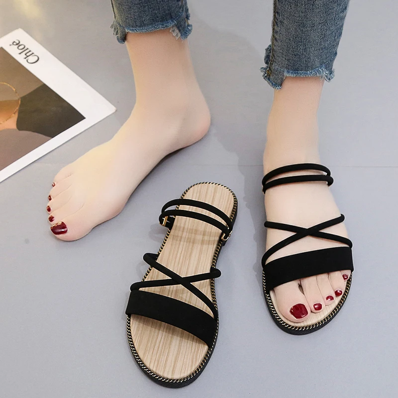 

Сандалии женские с пряжкой на щиколотке, модные босоножки из флока с открытым носком, пляжные туфли с узкими ремешками, в римском стиле, повс...