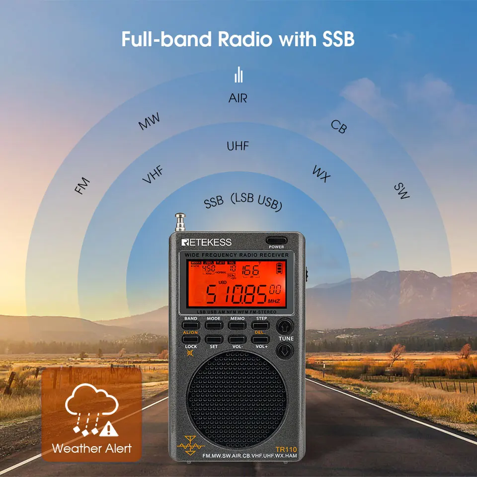 Retekess TR110 портативный SSB коротковолновый радио FM/MW/SW/LSB/AIR/CB/VHF/UHF Полный диапазон NOAA