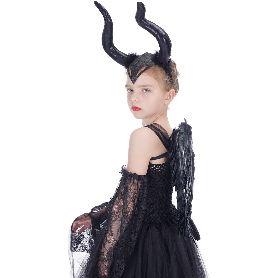Halloween Costume For kids Maleficent Dress Deluxe Girls Fancy Feather Shawl Glam Gown Tutu Dress Kids Demon Queen Witch Clothes