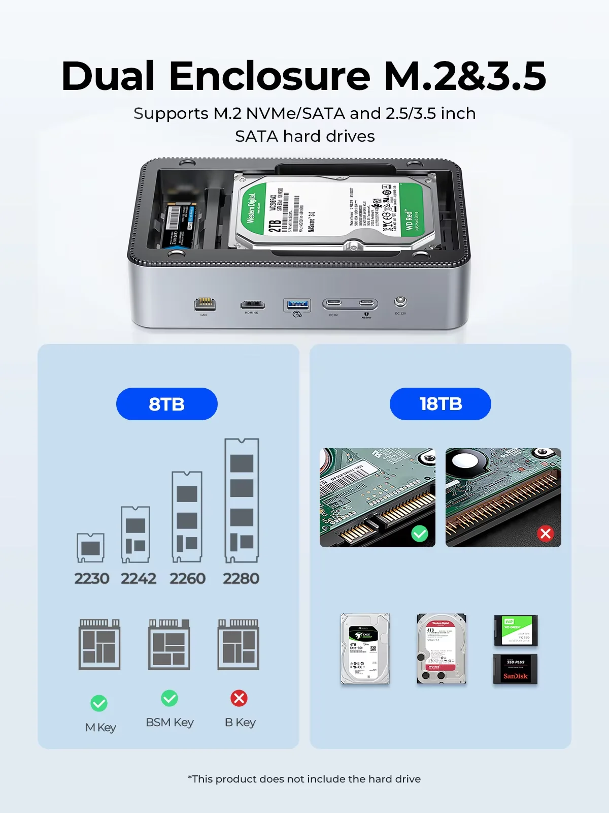 Фото Док-станция ORICO с двойным корпусом M.2 NVME SSD 3,5 Корпус жесткого диска Паровая док-станция 10 в 1 HDMI 4K60 Гц PD100W Ethernet №4