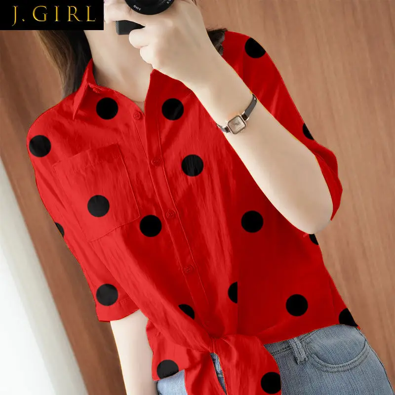 

Oversized Vintage Printed Polka Dot Lapel Bandage Button Bow Chiffon Shirt Summer New Commute Tops Loose Casual Woman Blouses