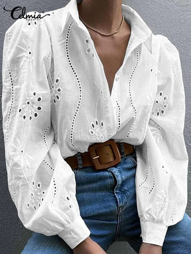 

Celmia Sexy Floral Lace Stitching Blouses Cotton Elegant Puff Long Sleeve Summer 2022 Tops Fashion Hollow Out Women Office Shirt
