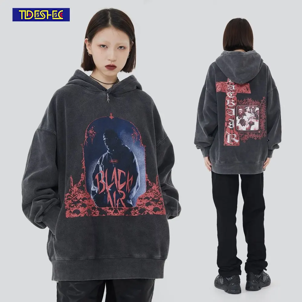 

Hip Hop Streetwear Vintage Portrait Print Pullovers Cotton Men Casual Hoodie Oversized Harajuku Punk Cotton Goth Hoodies Mens