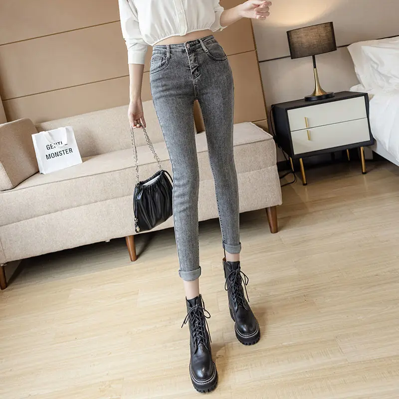 New Autumn and Wint Wear Slim Nine-point Pants Smoky Grey High-waisted Stretch Jeans Women Slight Strech High Waisted Jeans