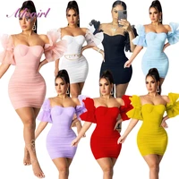 elagant strapless off shoulder ruffle pleated mini dress women sexy backless see through party club dresses outfit vestidos robe