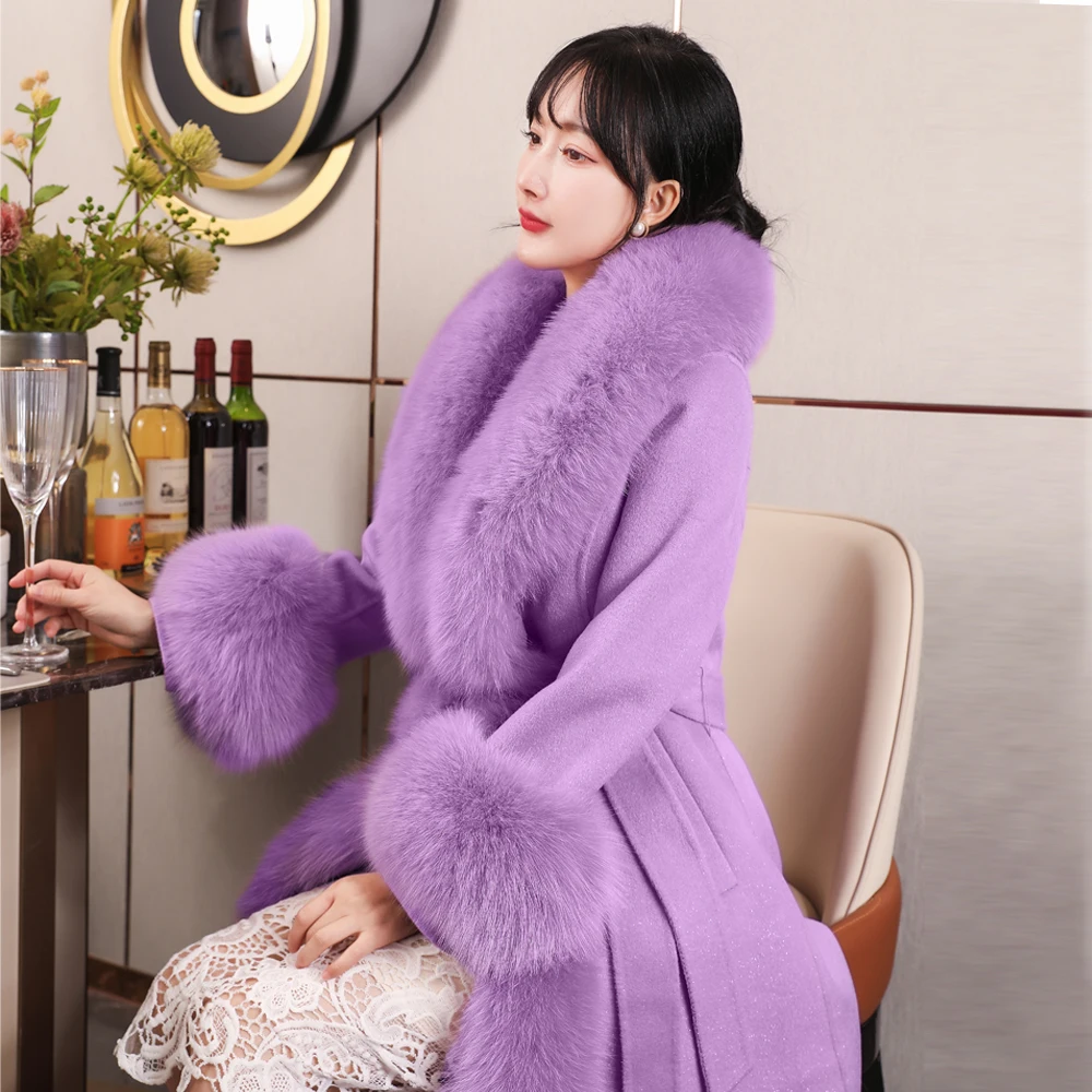 2022 High-End Double-sided Cashmere Coat Women's X-long Over The Knee Luxury Korean Version Slim Real Fox Fur Coat