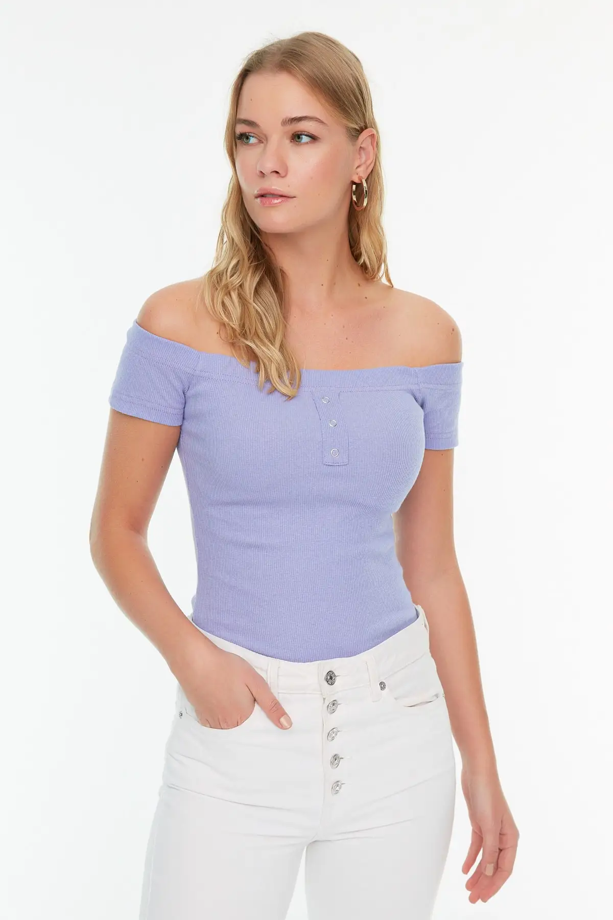 

Women's Bodysuit Lilac ribbon Carmen Collar Snap Knitted Rompers Jumpsuits shath Skinny Summer Streetwear
