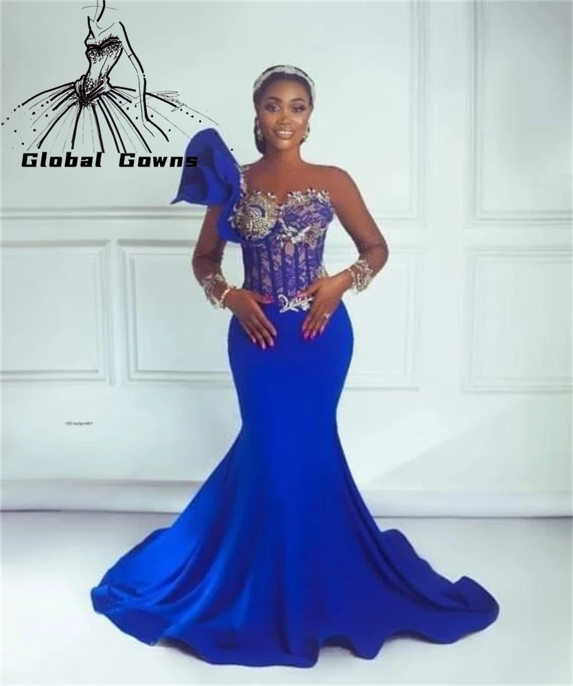 Royal Blue O Neck Evening Dress For Black Girls Ruffles Birthday Party Dresses Appliques Prom Gown Mermaid Robe De Soiree Aso Eb