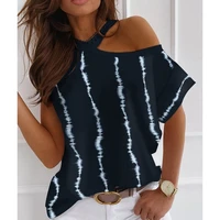 women t shirt top tie dye striped printed loose t shirt sexy halter off shoulder openwork hollow out short sleeve o neck t shirt
