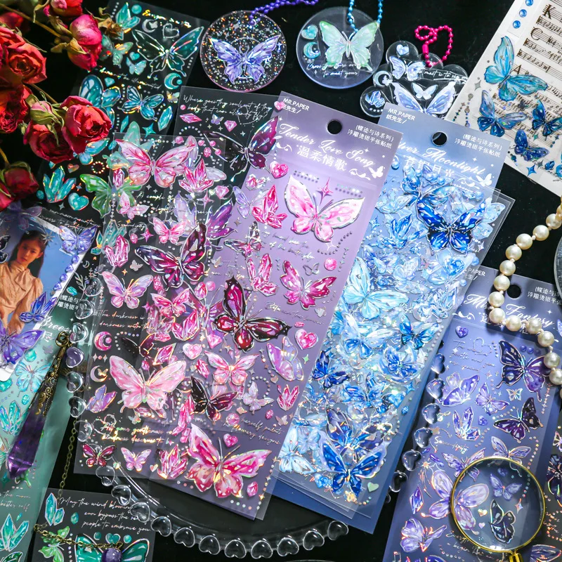 

Embossed Gilding Flat Sticker Butterfly Trace and Poetry Series Creative Light Retro Goo Card Journal Decorative Stickers