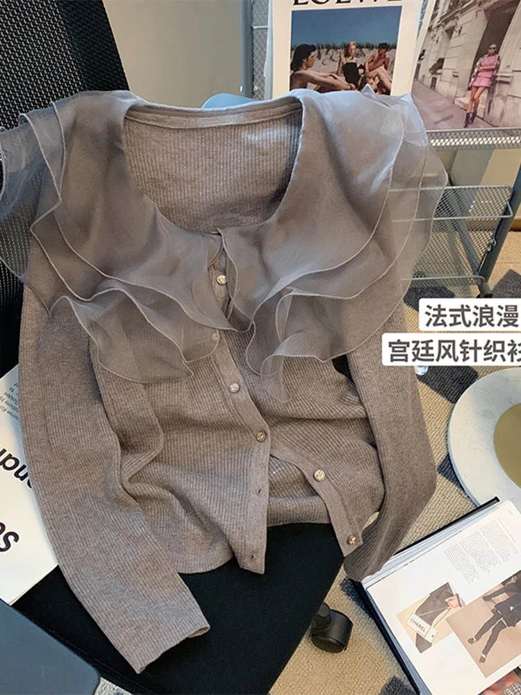 

Autumn Winter Women French Lazy Style Vintage Ruffles Cardigan Design Sweater Long Sleeve Knitwear Clothes Luxury Elegant Tide