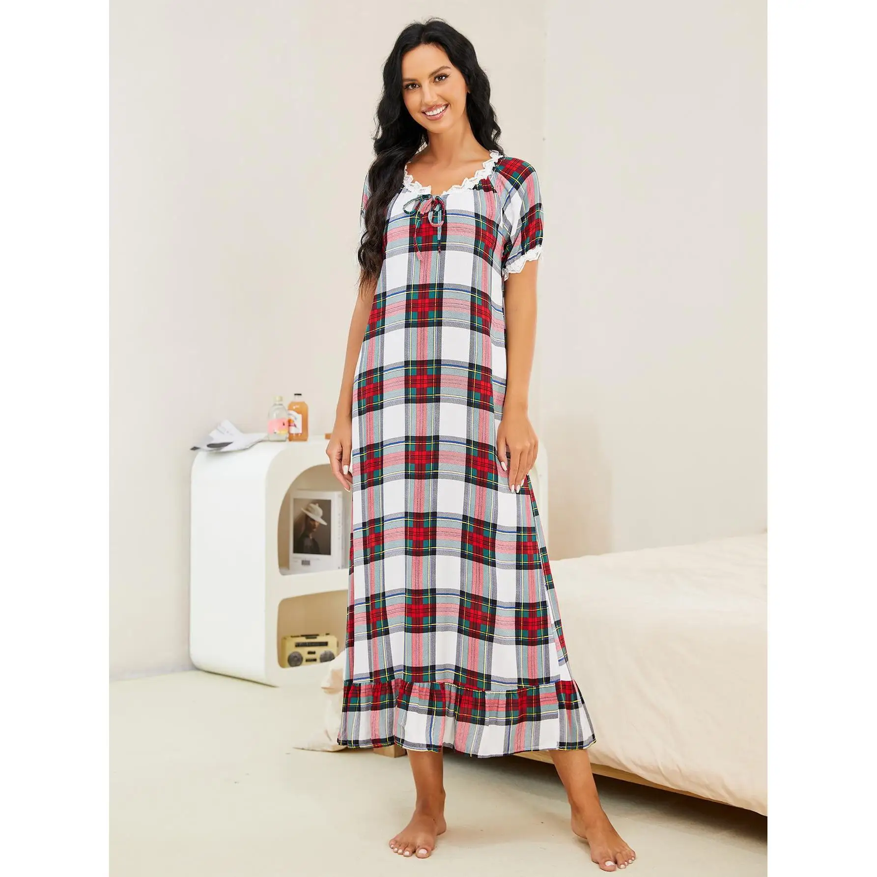 Spring and Autumn Plaid Short-sleeved Nightdress Women Can Wear One-piece Home Service Pajamas Night Wears for Women