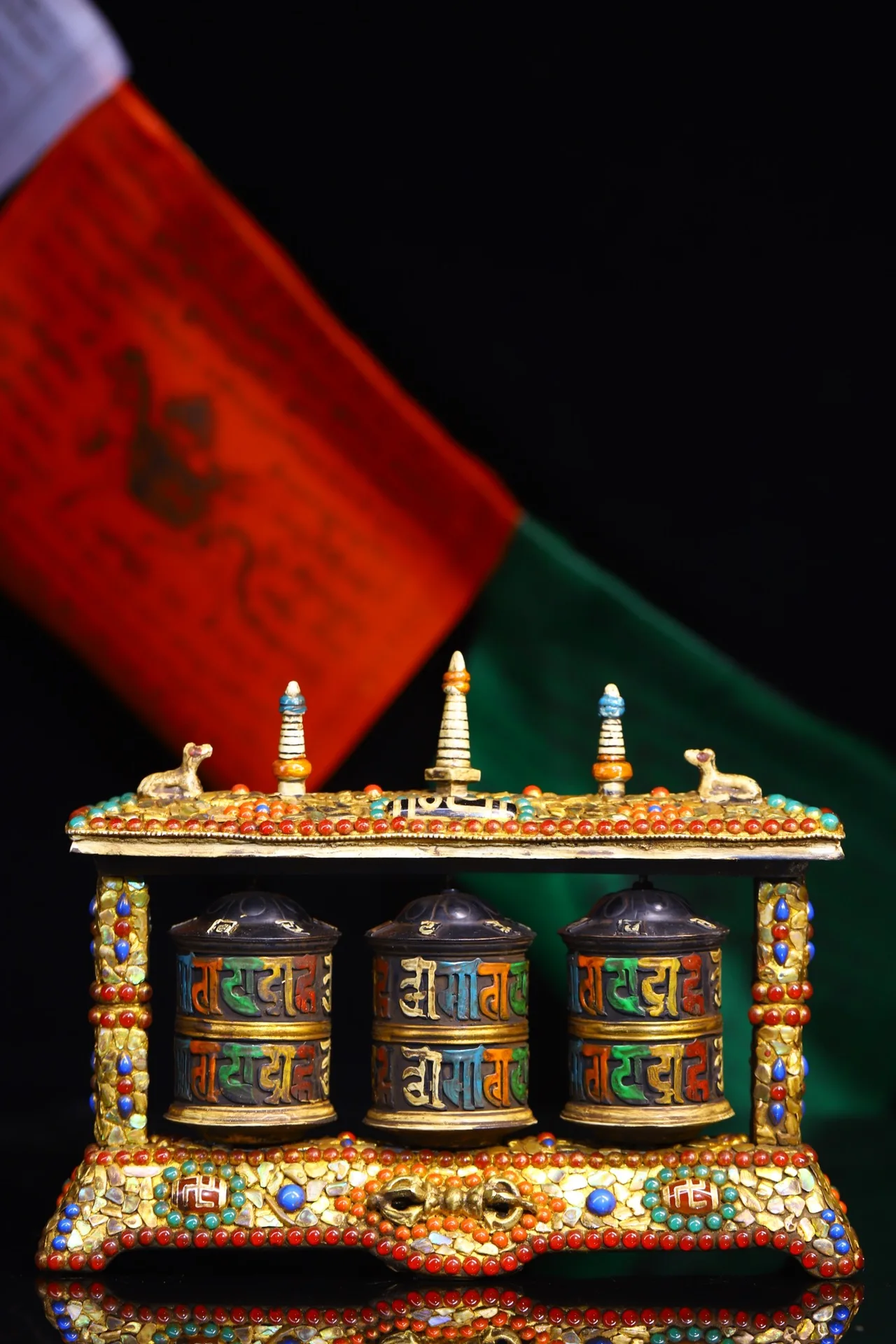 

8"Tibetan Temple Collection Old Bronze tracing Mosaic Gem gZi Beads Six word truth prayer wheel Scripture Amulet Dharma Exorcism