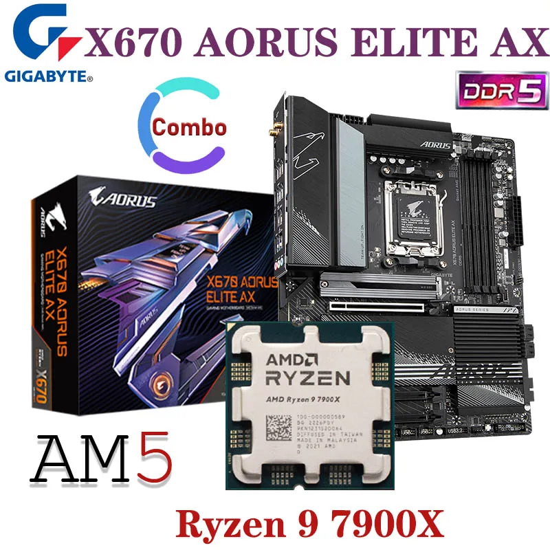 

New X670 AM5 Motherboard Combo Gigabyte GA X670 AORUS ELITE AX + AMD R9 7900X CPU Desktop X670 Ryzen 7000 Series DDR5 128GB ATX