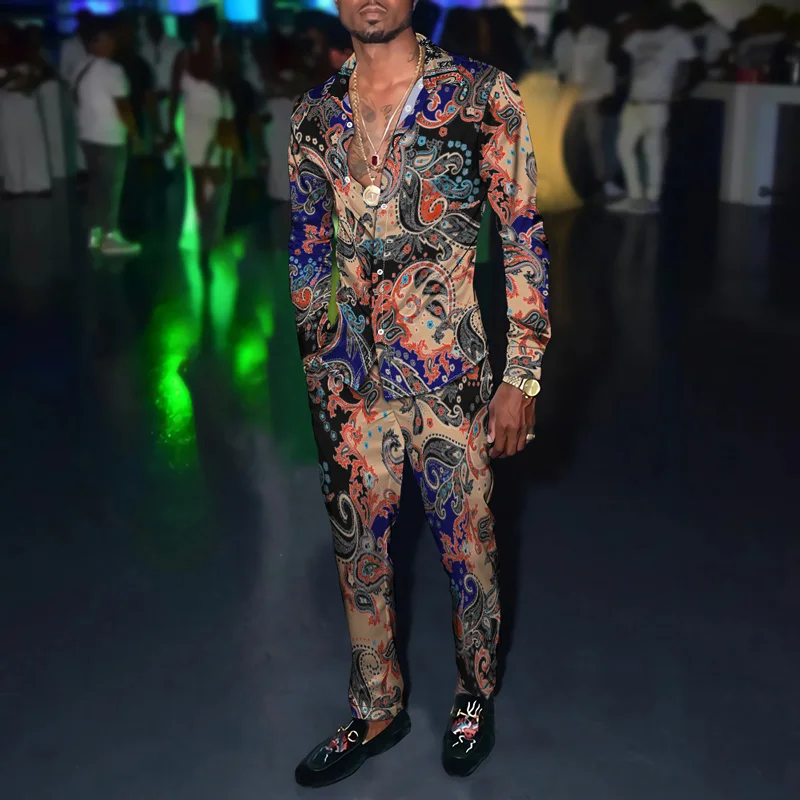 

2023 Spring and Autumn Men's Set 3D Printed Pattern Two Piece Casual Loose V-Neck Shirt and Pants Set for Men