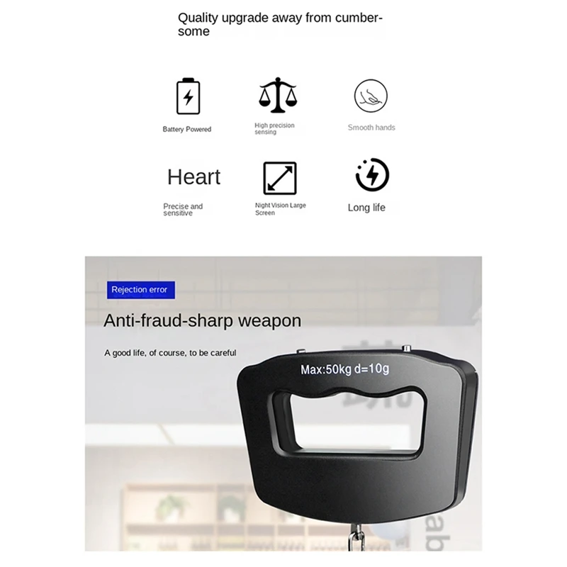 Фото Весы для дорожного багажа, 50 кг, портативные ручные электронные весы с крючком, ручные весы для экспресс-рыбалки №5
