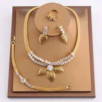 zircon jewelry sets for women glittering crystal stone necklace bangle ring fashion 18k gold plated leaves hoop earrings party