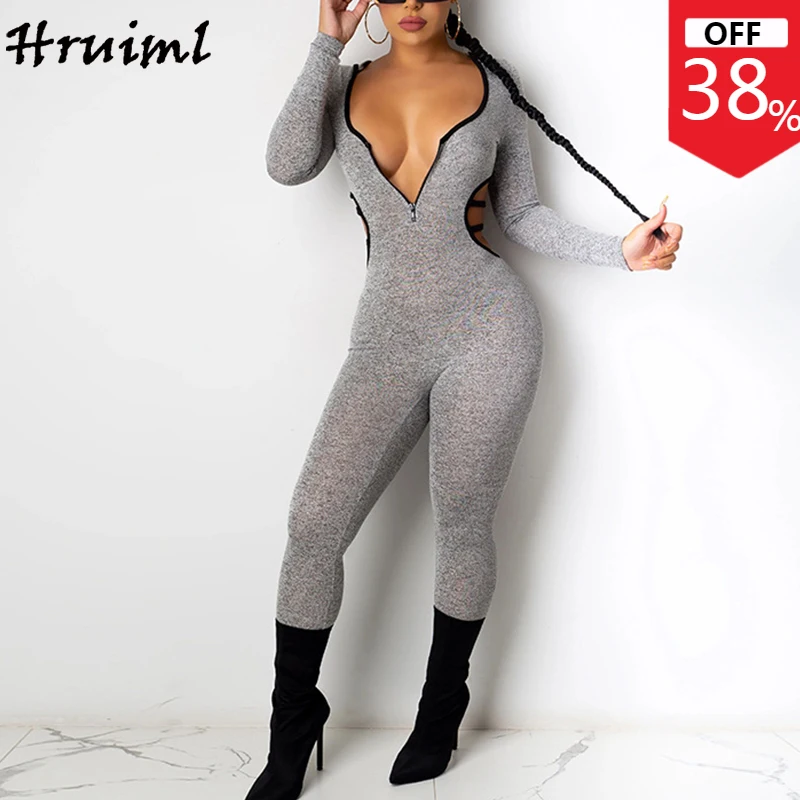 

Sexy Female One Piece Jumpsuit Romper Long Sleeve Overalls for Women Hooded Hollow Out Bodycon Bodysuit Autumn Body Suits