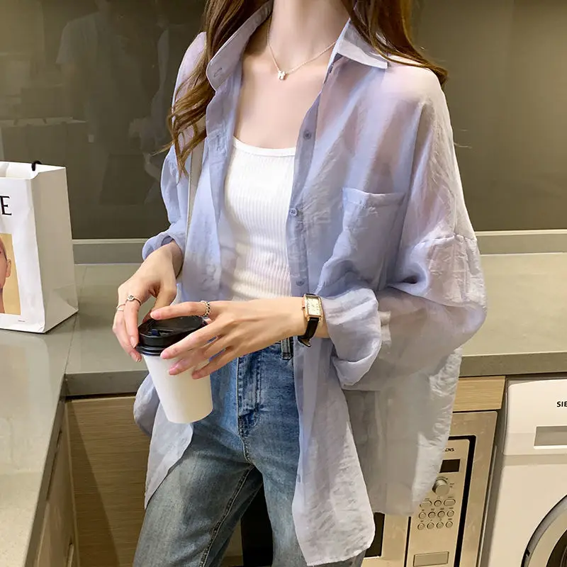 

Women 2022 Summer New Thin Breathable Sunscreen Shirts Female Loose Chiffon Blouses Ladies Casual Air Conditioning Shirts J64