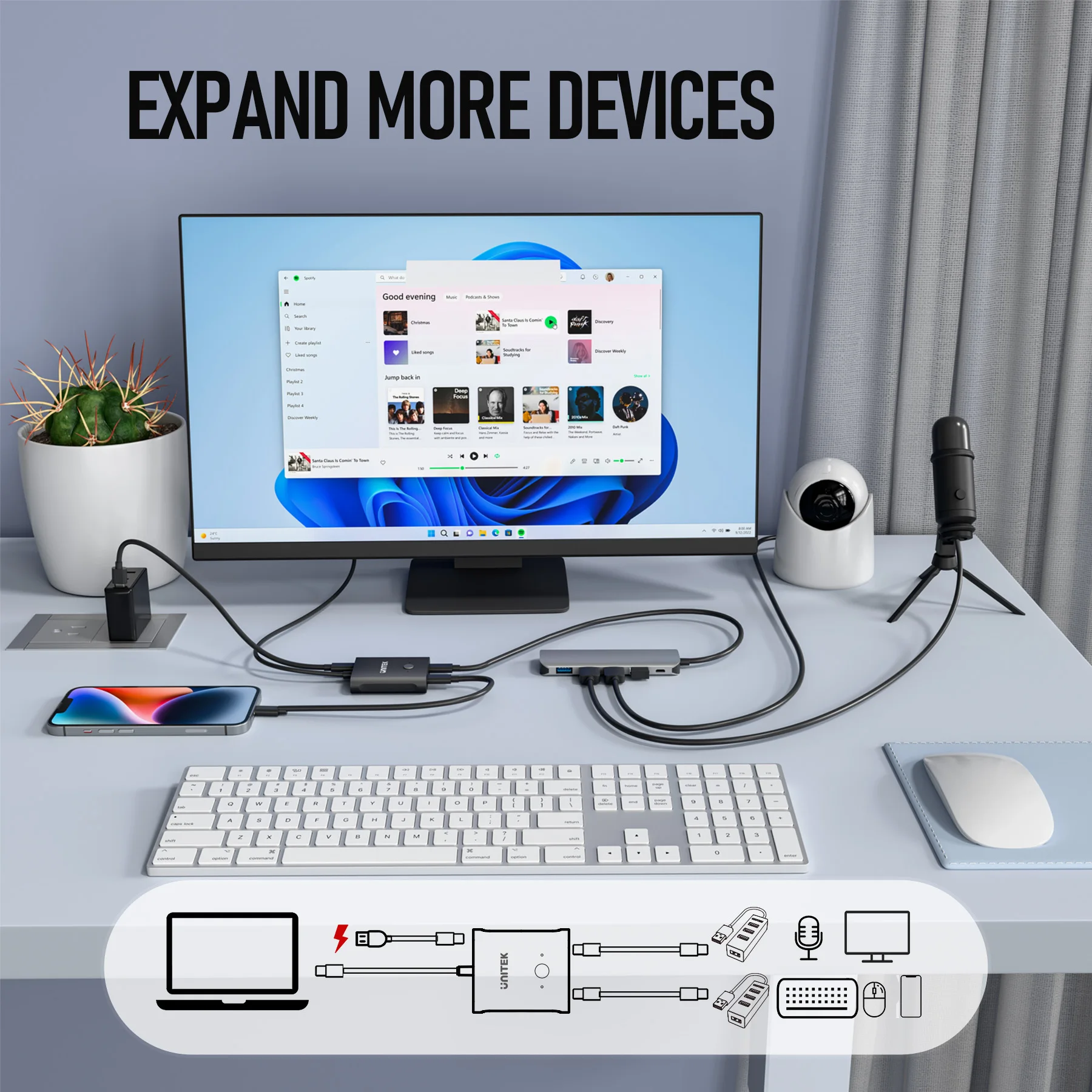 Фото Двунаправленный KVM-переключатель USB-C, 8K при 60 Гц, концентратор 2-в-1/1-в-2 с двойным дисплеем, режим Alt, 100 Вт, PD, 10 Гбит/с, данные для MacBook Pro №5