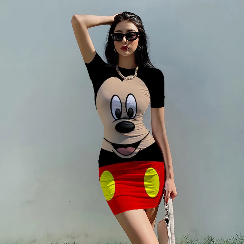 Disney Minnie Mickey Mouse Dress Women's Dress Summer Sexy Tight Round Neck Short Sleeve Thin Tight Bag Hip 2022 Sexy Club