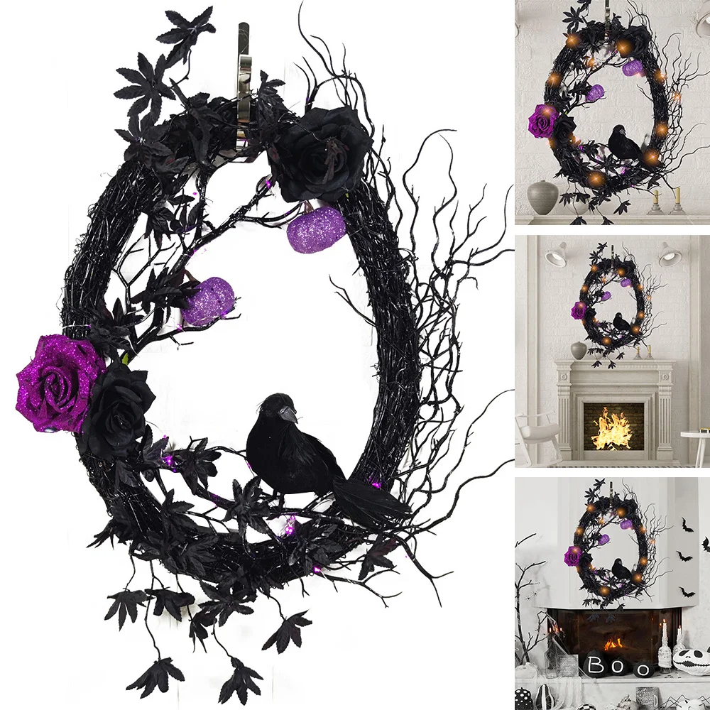 

Halloween Wreath Simulation Rose Black Crow Wreath with Light Hanging Decoration NIN668