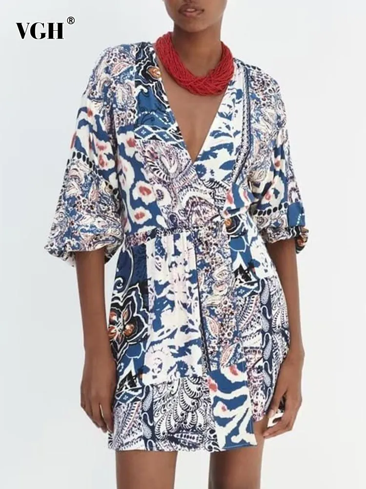 

VGH hit color printing casual Playsuits for women v neck short sleeve loose Temperament Playsuit female fashion clothing style