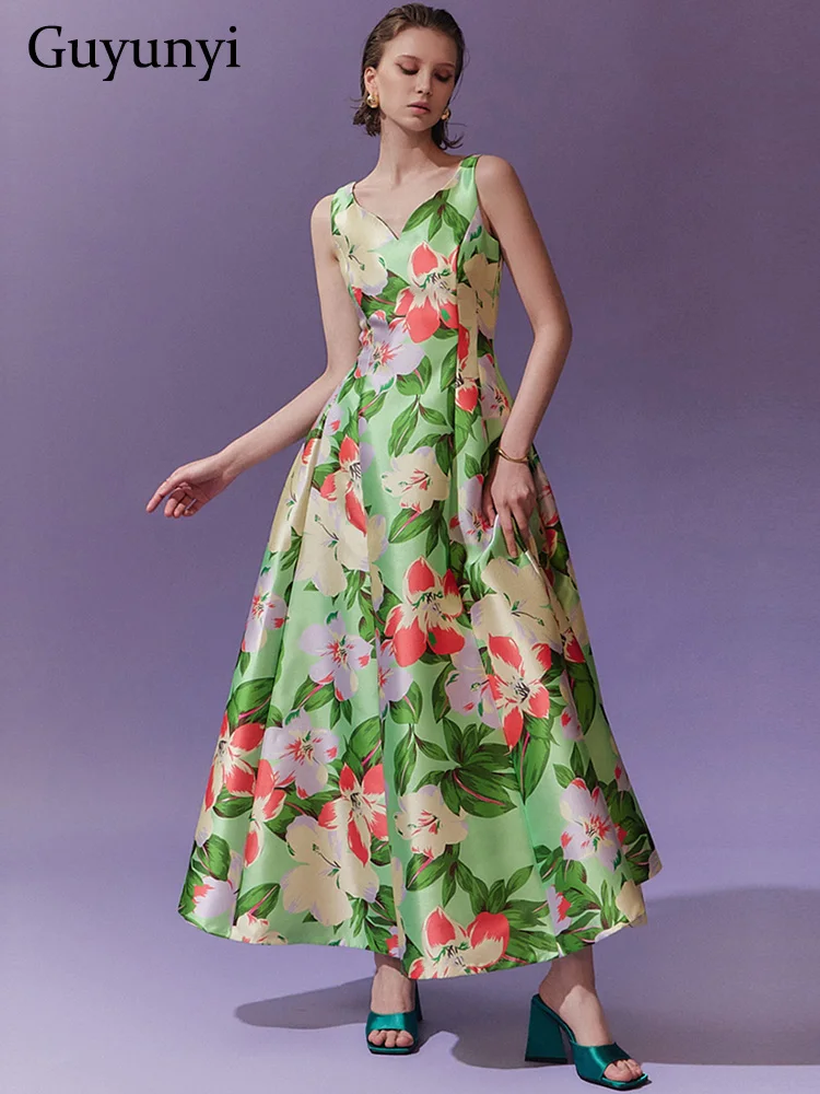 European Vintage Dress Summer Noble Temperament Floral Print Strap V-Neck Sleeveless Long Swing A-Line Elegant Party Dress