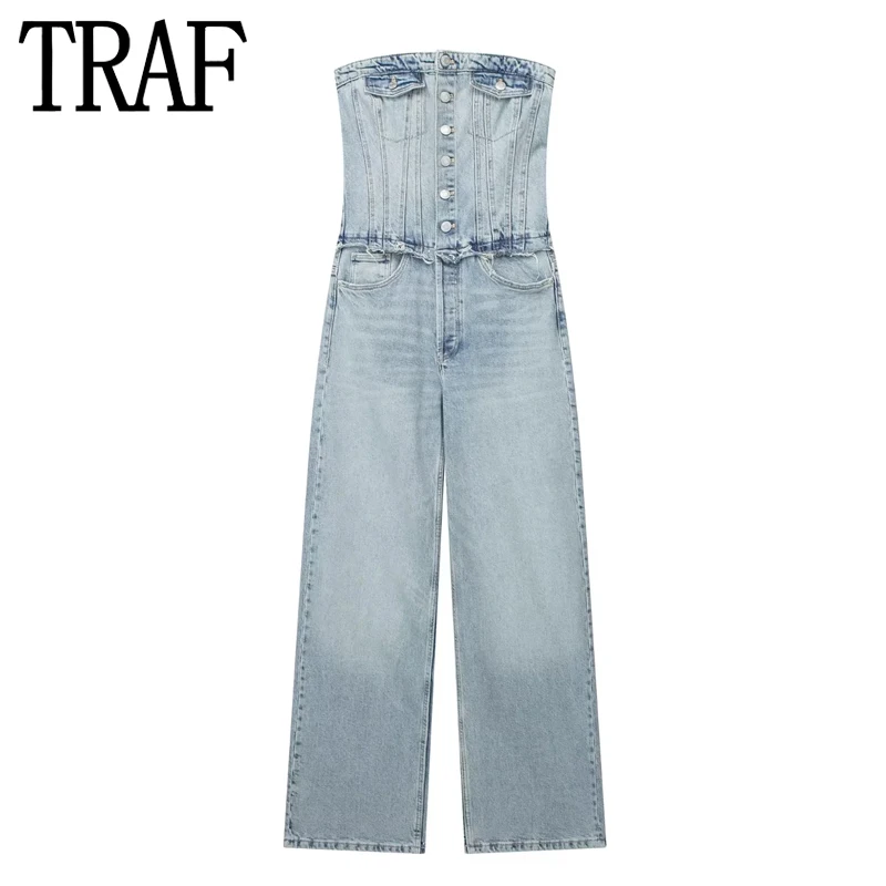 

TRAF Off Shoulder Jean Woman Jumpsuit Corset Long Jumpsuits Woman 2023 Summer Backless Denim Jumpsuit Women Streetwear Overalls