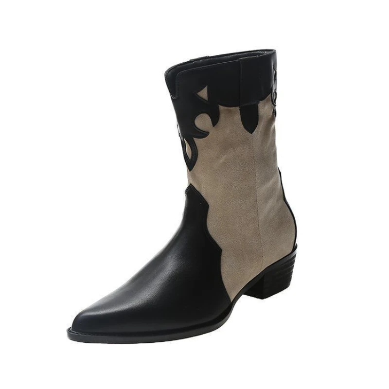 Retro Western Cowboy Boots Short Boots Women Mid-tube Thick Heel Pointed High-heeled Knight Boots Single Boots Fashion New