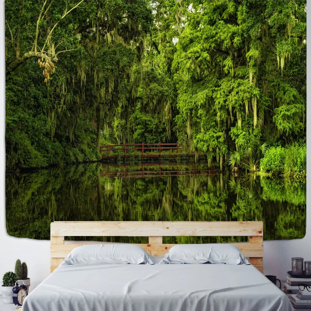 

Forest Print Tapestry Wood Hanging Cloth River Bridge Background Cloth Tapestry Home Decor Tapestry Wall Hanging