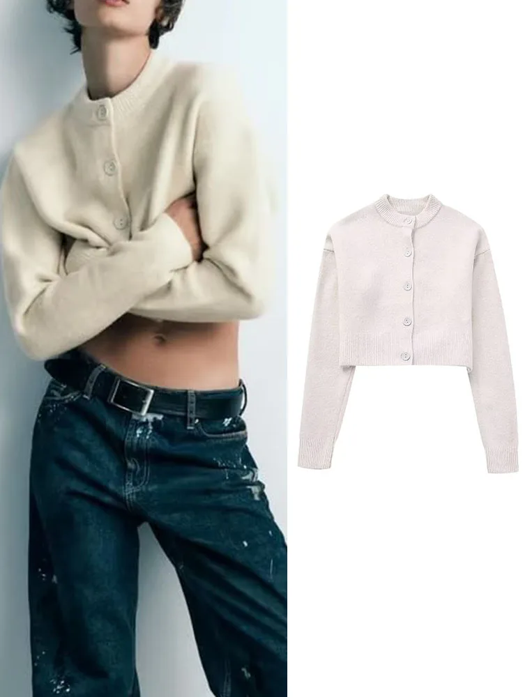 

TRAF 2023 New Women Solid Knitted Cardigan Autumn Winter Fashion O-neck Causal Single Breasted Long Sleeve Warm Short Top