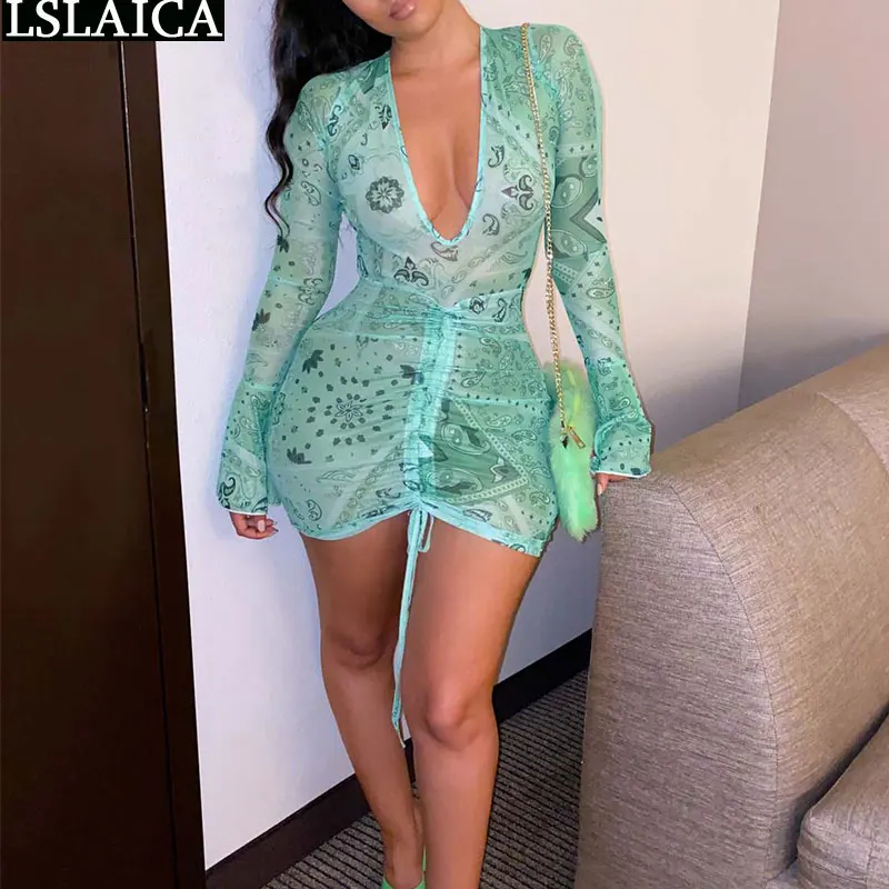 

Long Sleeve Dress Sexy Deep V Neck Bodycon Mini Dresses for Women New Fashion Drawstring Party Club Skinny Dress Autumn Summer
