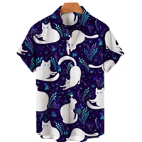 new cute cat print shirt men hawaiian shirt summer casual top large size loose simple shirt women single breasted button top 5xl