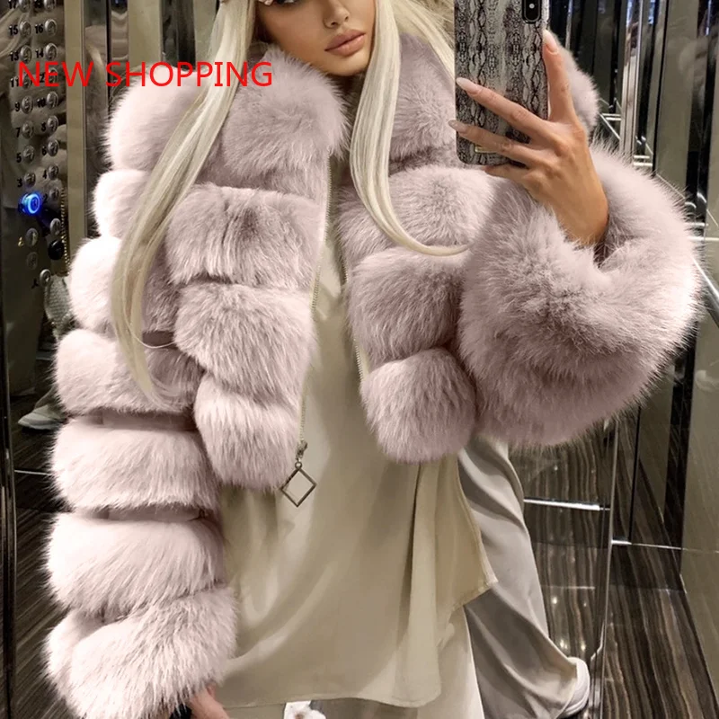 Plus Size Short Fur Coat Women 2023 Winter Long Sleeve Fluffy Warm Faux Fox Fur Coats High Street Overcoat Cropped Jacket Furry