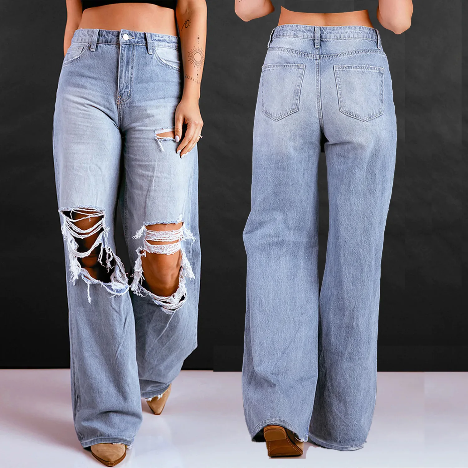 Jeans 2022 Autumn European and American Fashion Washed Hole High Waist Loose Straight Pants