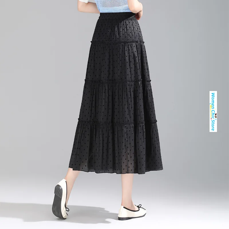 Женская длинная юбка в горошек повседневная черная свободная трапециевидная с