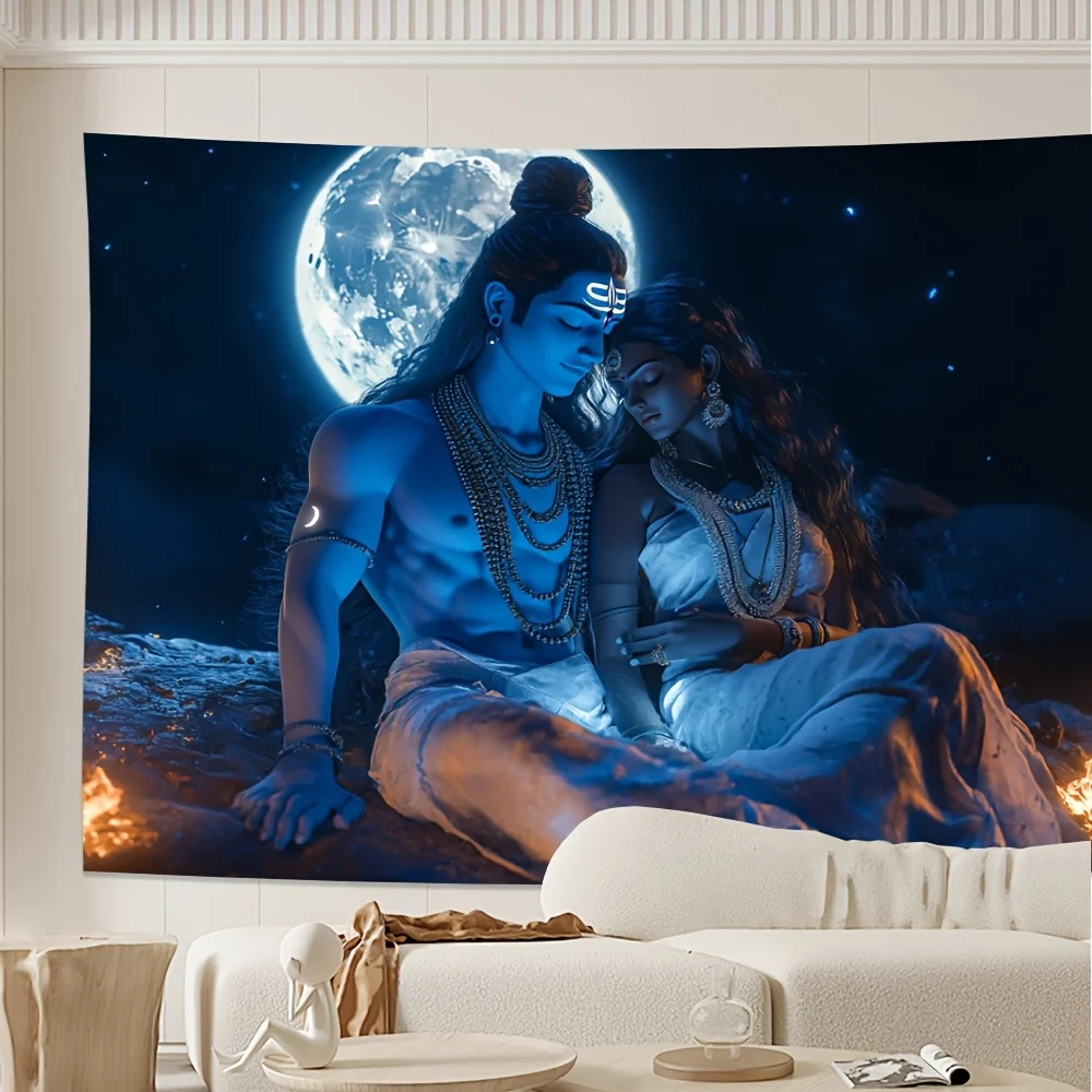 Фото Гобелен Divine Shiva-Parvati — небесная пара Moonlit в синем и золотом цвете, эфирное свечение с сакральным пламенем, домашний декор №4