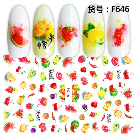 3D наклейки для ногтей летние клеящиеся слайдеры фрукты листья для ногтей Арбуз Лимон, клубника украшения Дизайн Маникюр