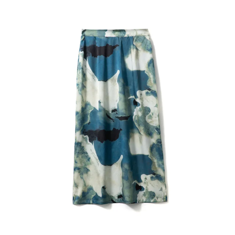High Quality Ink Printing and Dyeing Pieding 6A Silk Stretch Satin Anti-Wrinkle Hand-Painted Skirt Spring New