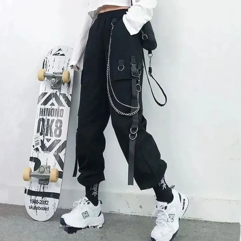 

New Women Cargo Pants Fashion Harem Pants Men Punk Pockets Jogger Trousers With Chain Harajuku Elastics High Waist Streetwear