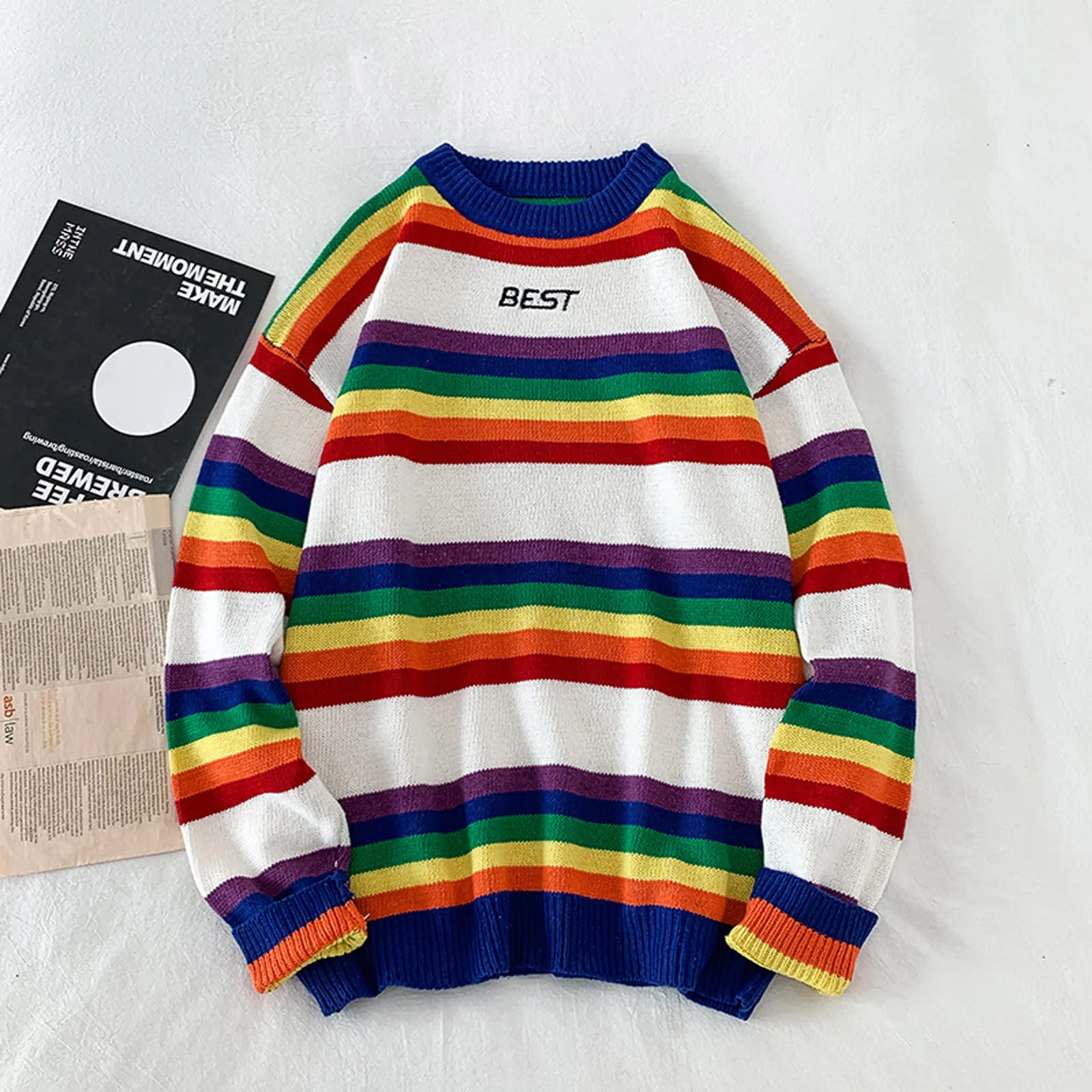 

Mens Color-Block Stripe Vintage Knitted Sweater Long Sleeve Round Neck Knitted Pullover Jumper
