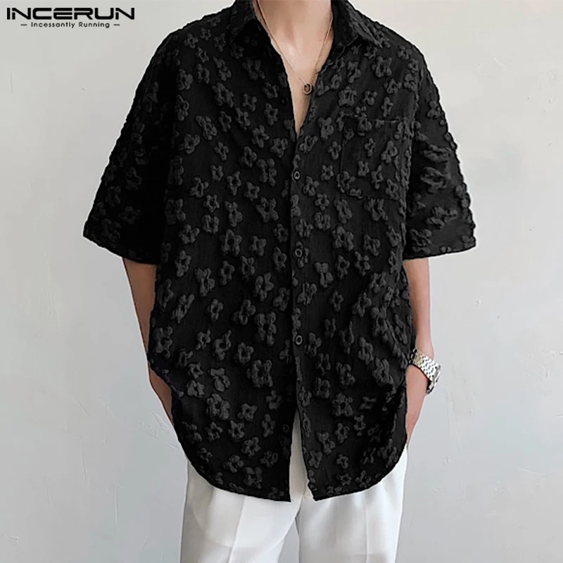 

INCERUN Men Shirt Flower Jacquard Loose Korean Style Lapel Short Sleeve Men Clothing Streetwear 2023 Fashion Casual Shirts S-5XL