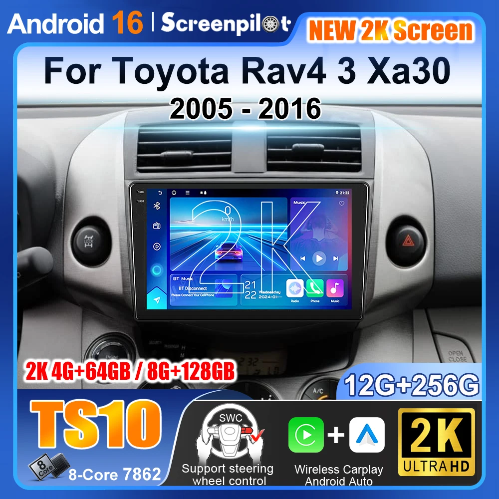 Фото Для Toyota RAV4 3 XA30 2005-2016: Автомагнитола Android 16, мультимедийный плеер, GPS-навигация, CarPlay, монитор, экран, ТВ, QLED №1