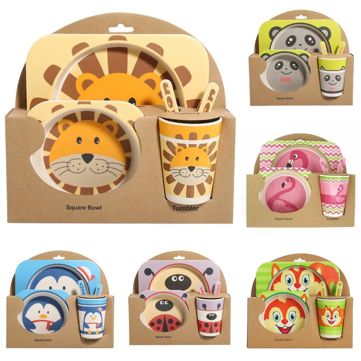 

Baby Bamboo Dishes Set Bowl+Spoon+Fork Feeding Food Tableware Eco-friendly Cartoon Aniaml Kid Feeding Bowl Dinner Plate Gift