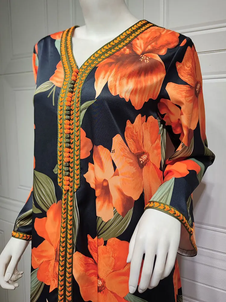 Braided Trim Dress Floral Abaya Women Muslim Arabic Long Dresses Saudi Gulf Robe Black Orange Dubai Modest Abayas Jalabiya