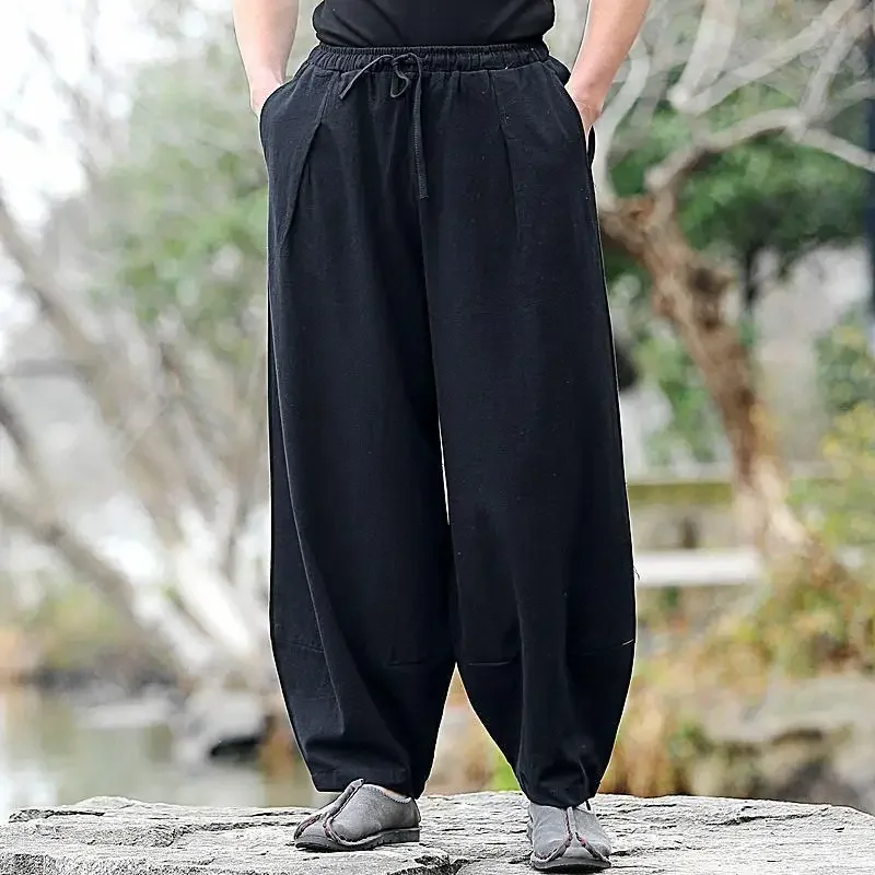 Spring Summer Chinese Style Men's Casual Pants Loose Fit Bell Bottoms Practical Cotton Linen Bloomers For Fitness