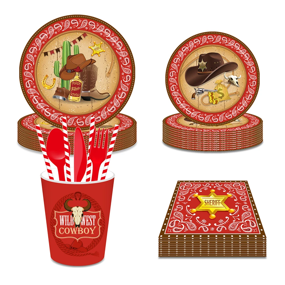 Cowboy Wild West Party Paper Disposable Tableware Dinner Sets Plates Cups Napkins Saloon Games Happy Birthday Party Decorations
